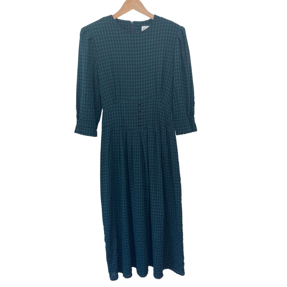 Vintage 80's Olivia Rose Green Plaid Cottagecore Prairie Tradwife Midi Dress 12